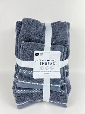 Common Thread Bath Towel Set Blue White Quick Dry Low Twist Cotton 6 Pc NEW